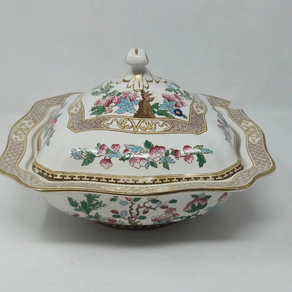 Antique Soho Pottery Cobridge Indian Tree Square Covered Vegetable Dish Tureen